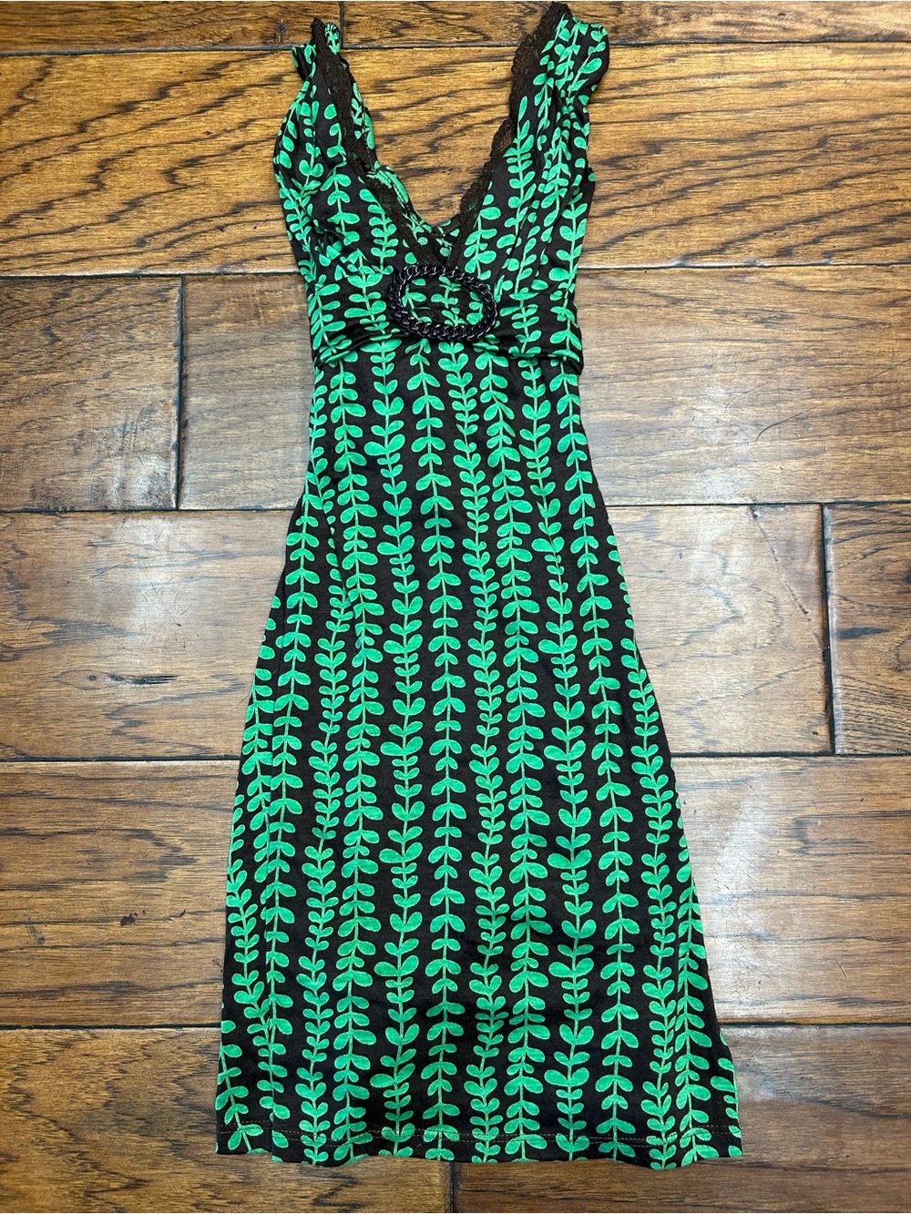 Earthy jungle core Y2K boho Midi Dark brown Dress with Green Leaf Pattern - Picture 2 of 6